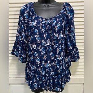 Fever‎ Blouse Size Small Blue Floral Ruffle Crochet Elastic Hem 3/4 Sleeves Boho